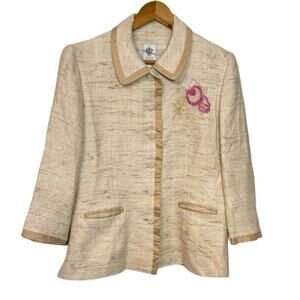 Paule Vasseur Lulu Beige Tweed Beaded Floral Blazer Silk Jacket Formal 44/ 12 US